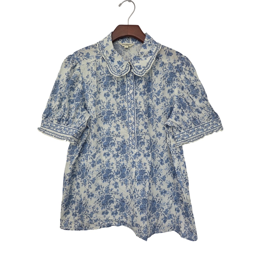 Max Studio Blouse Peter Pan Collar Floral Women L Blue White NWOT 5712B35